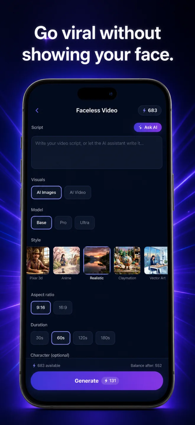 Pixalto faceless video creator screen